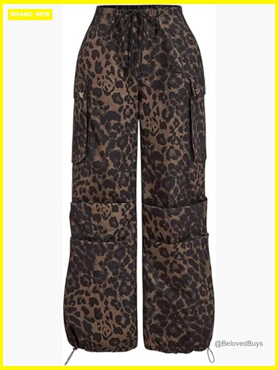 Pants - Baggy Leopard Print Cargo Parachute Pants High Waisted Y2K Track Pants